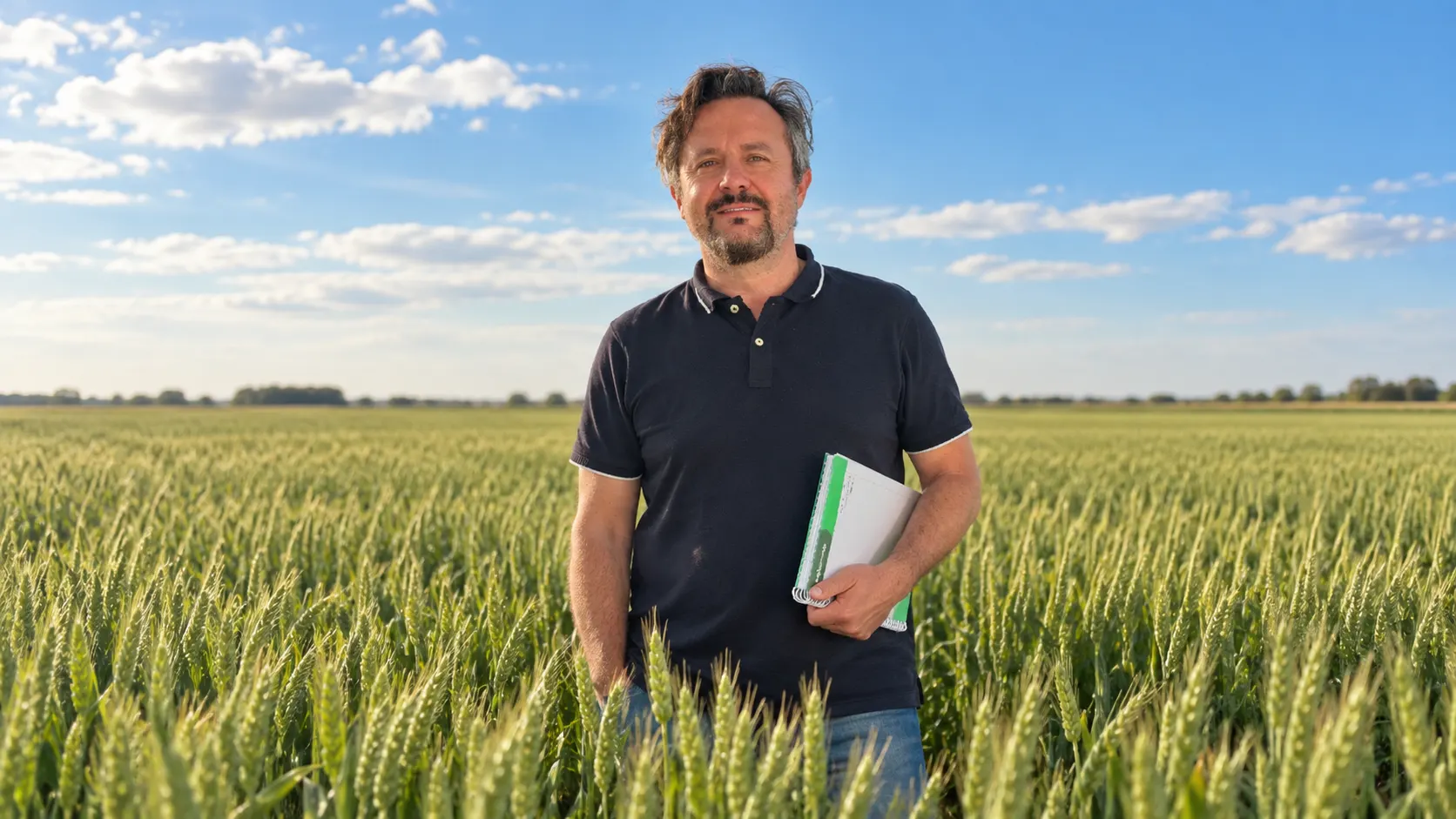 Persona en un cultivo de trigo con una carpeta de campo